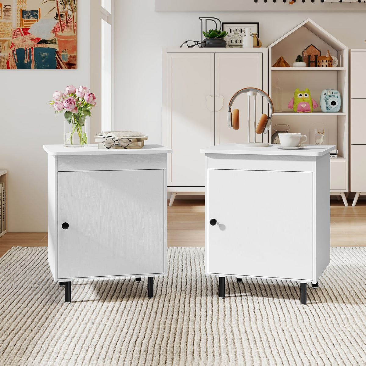 Nightstand Mid Century End Tables with Door-Set of 2-Nightstands-DECOROLALA