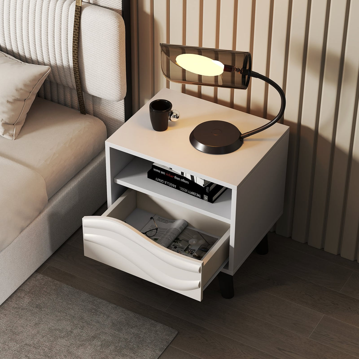 Nightstand Mid Century Modern Bedside Table with 3D Wavy Pattern and Open Shelf-White-Nightstands-DECOROLALA