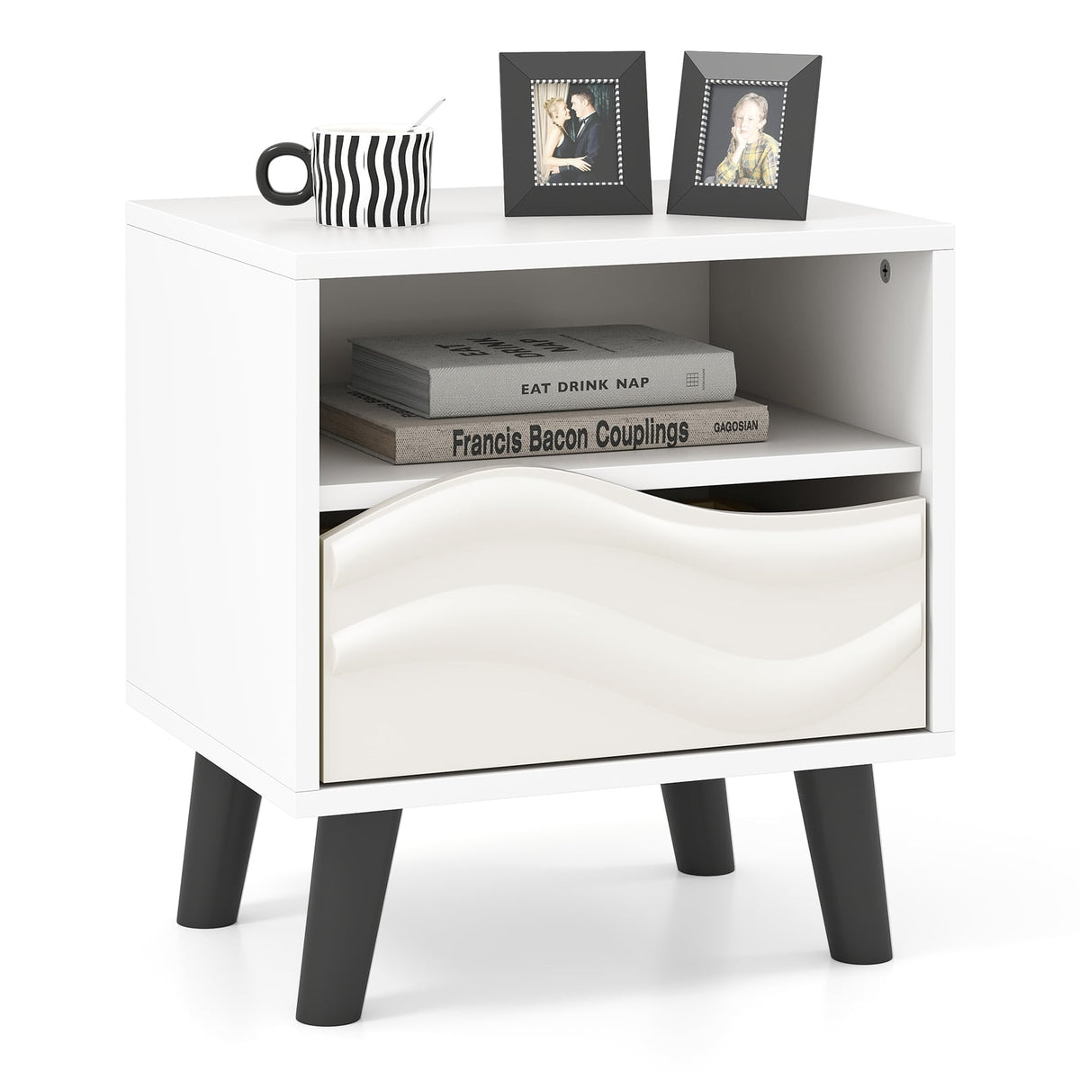 Nightstand Mid Century Modern Bedside Table with 3D Wavy Pattern and Open Shelf-White-Nightstands-DECOROLALA
