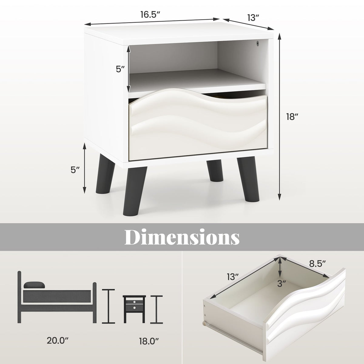 Nightstand Mid Century Modern Bedside Table with 3D Wavy Pattern and Open Shelf-White-Nightstands-DECOROLALA