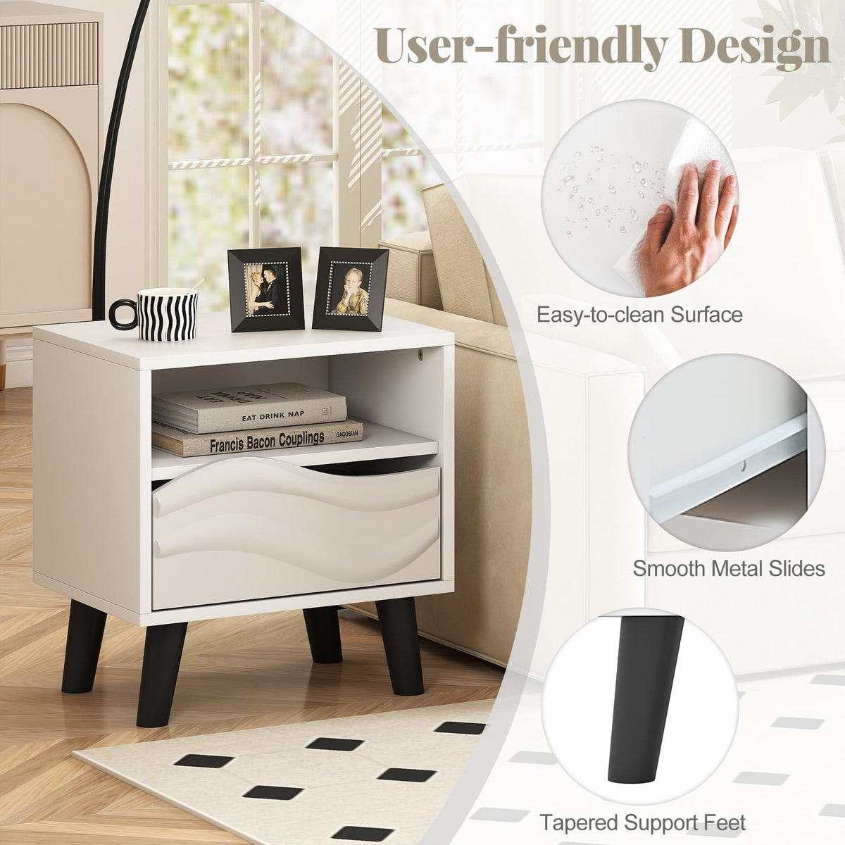 Nightstand Mid Century Modern Bedside Table with 3D Wavy Pattern and Open Shelf-White-Nightstands-DECOROLALA