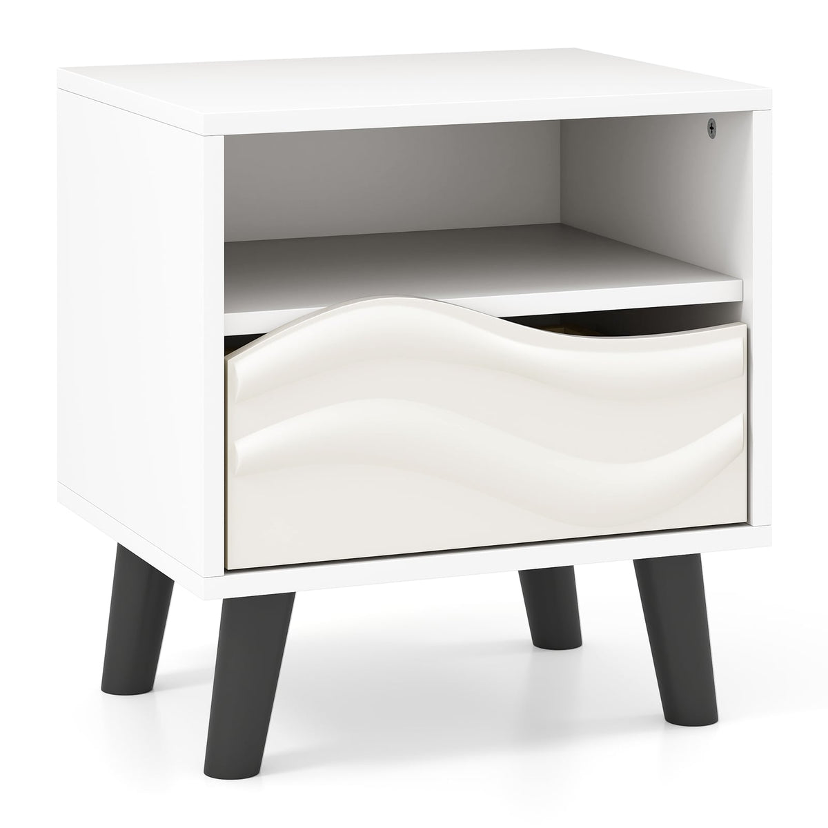 Nightstand Mid Century Modern Bedside Table with 3D Wavy Pattern and Open Shelf-White-Nightstands-DECOROLALA