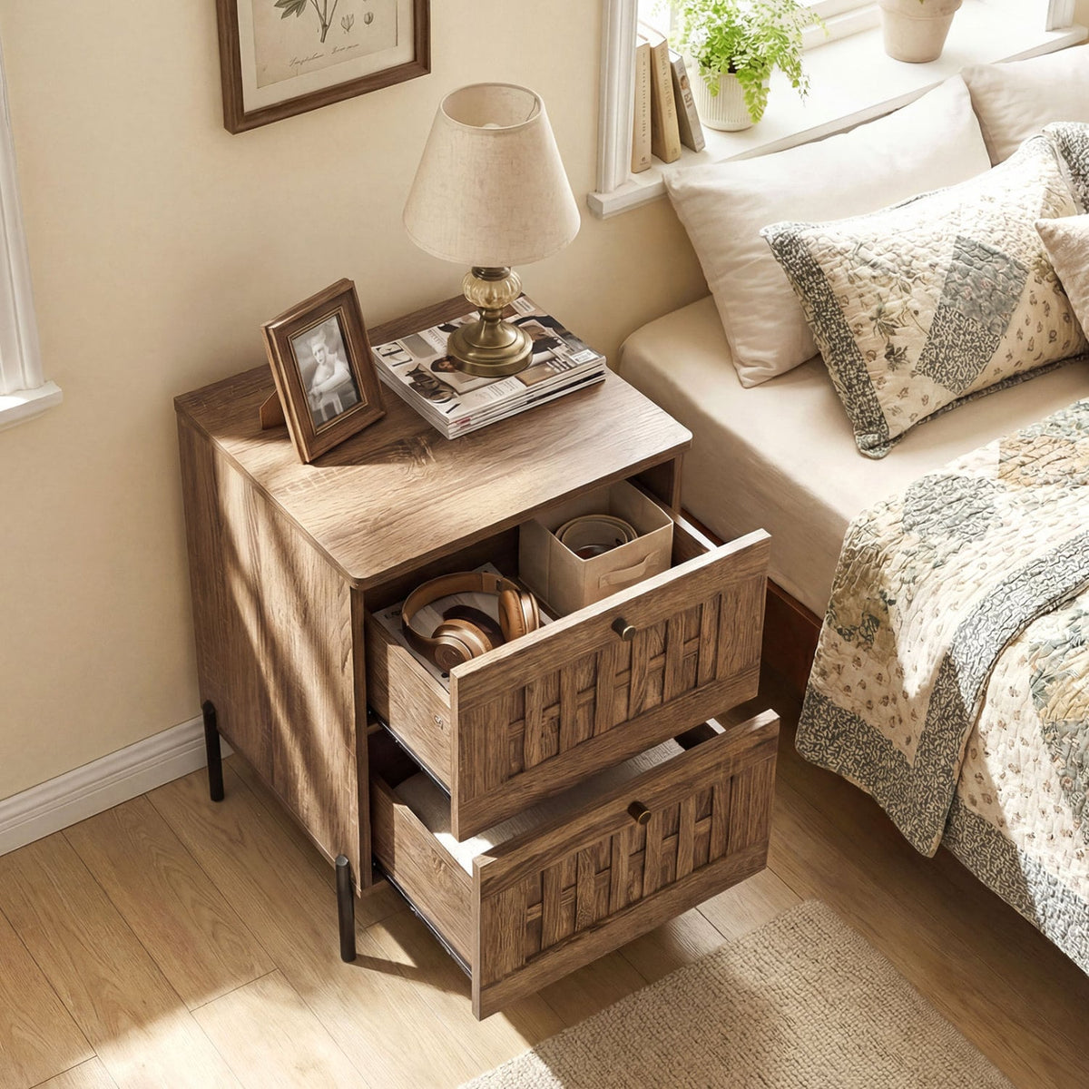 Nightstand Mid Century Modern End Table with Storage Drawers-Rustic Brown-Nightstands-DECOROLALA