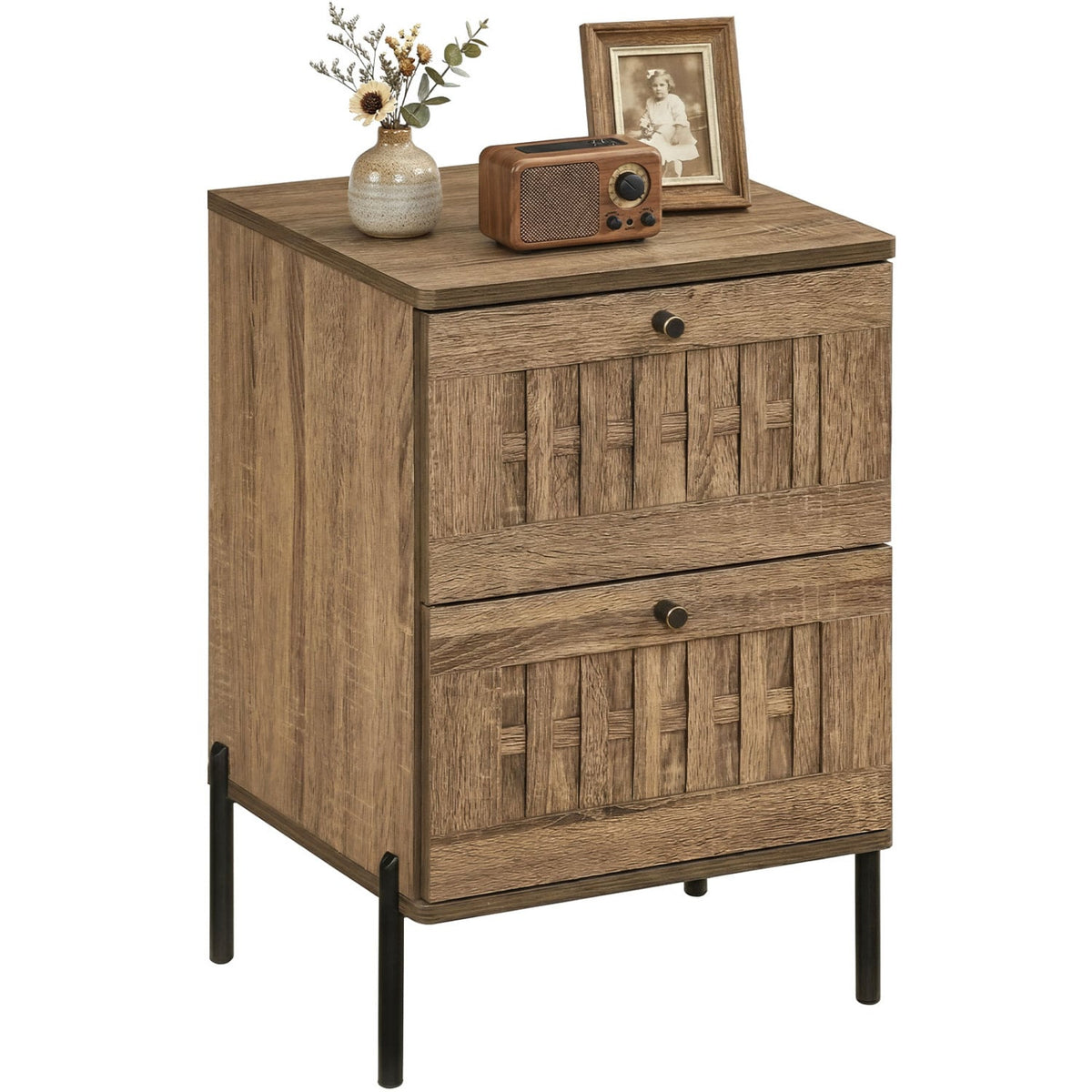Nightstand Mid Century Modern End Table with Storage Drawers-Rustic Brown-Nightstands-DECOROLALA
