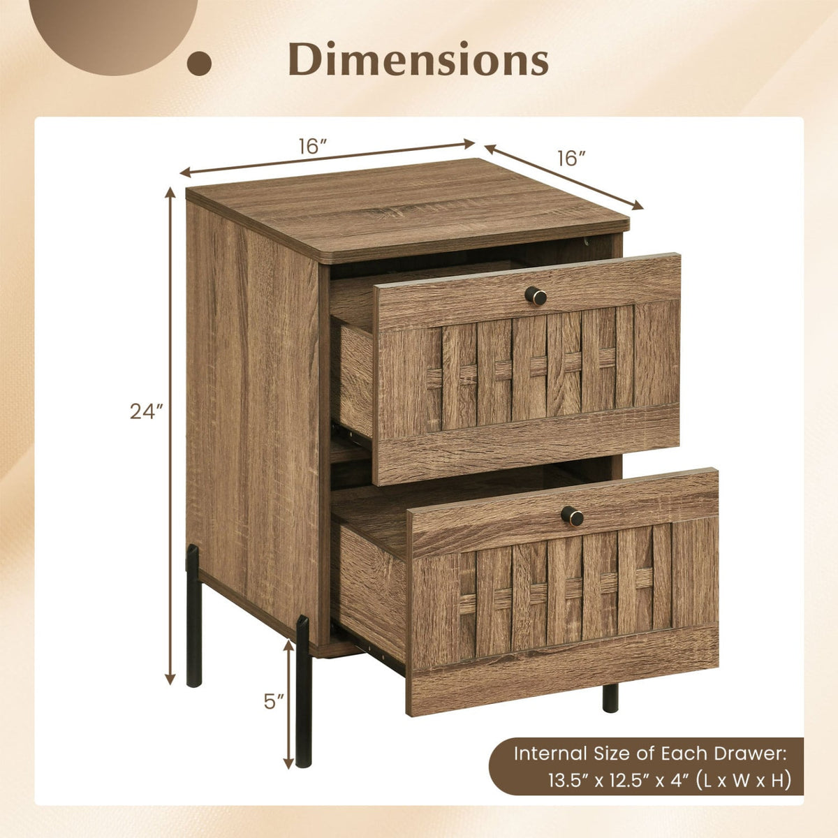 Nightstand Mid Century Modern End Table with Storage Drawers-Rustic Brown-Nightstands-DECOROLALA