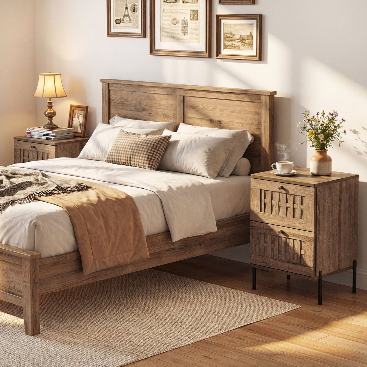 Nightstand Mid Century Modern End Table with Storage Drawers-Rustic Brown-Nightstands-DECOROLALA