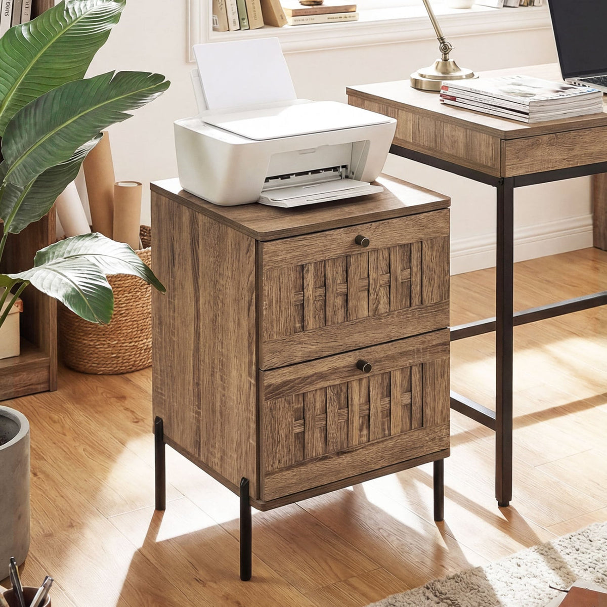 Nightstand Mid Century Modern End Table with Storage Drawers-Rustic Brown-Nightstands-DECOROLALA
