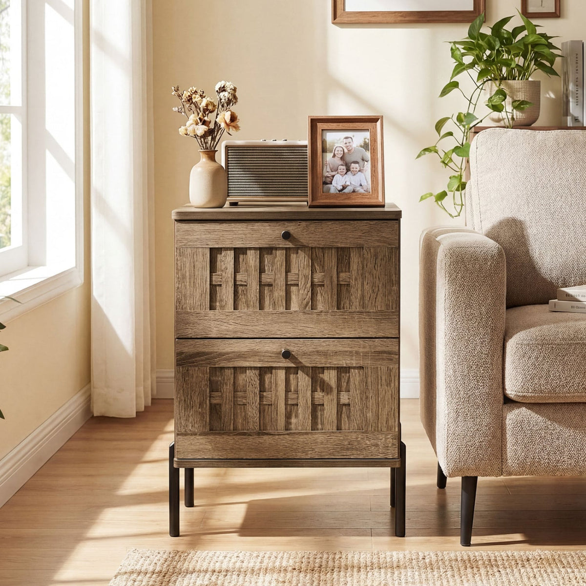 Nightstand Mid Century Modern End Table with Storage Drawers-Rustic Brown-Nightstands-DECOROLALA