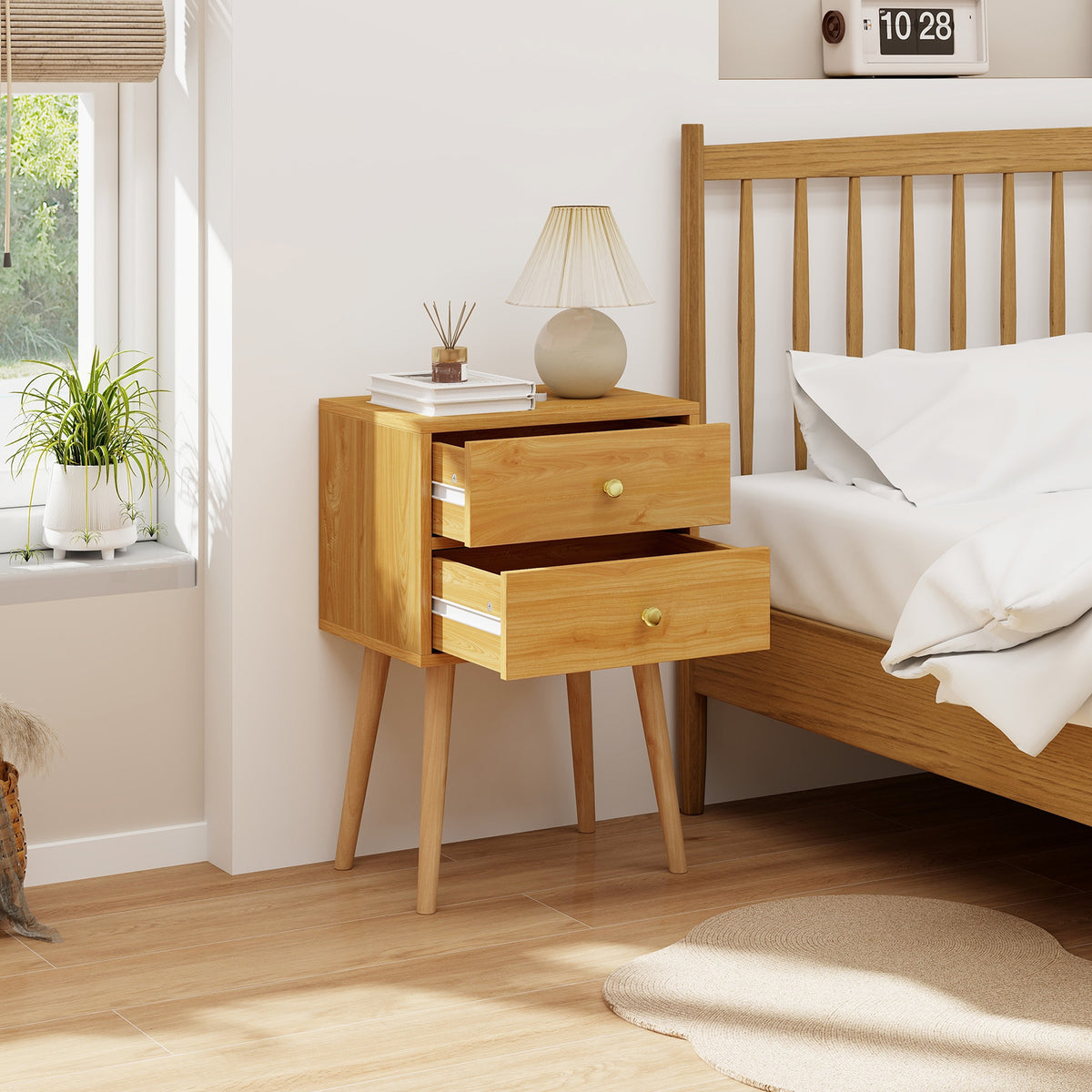 Nightstand Mid-century Modern Bedside Table with 2 Drawers-Natural-Nightstands-DECOROLALA