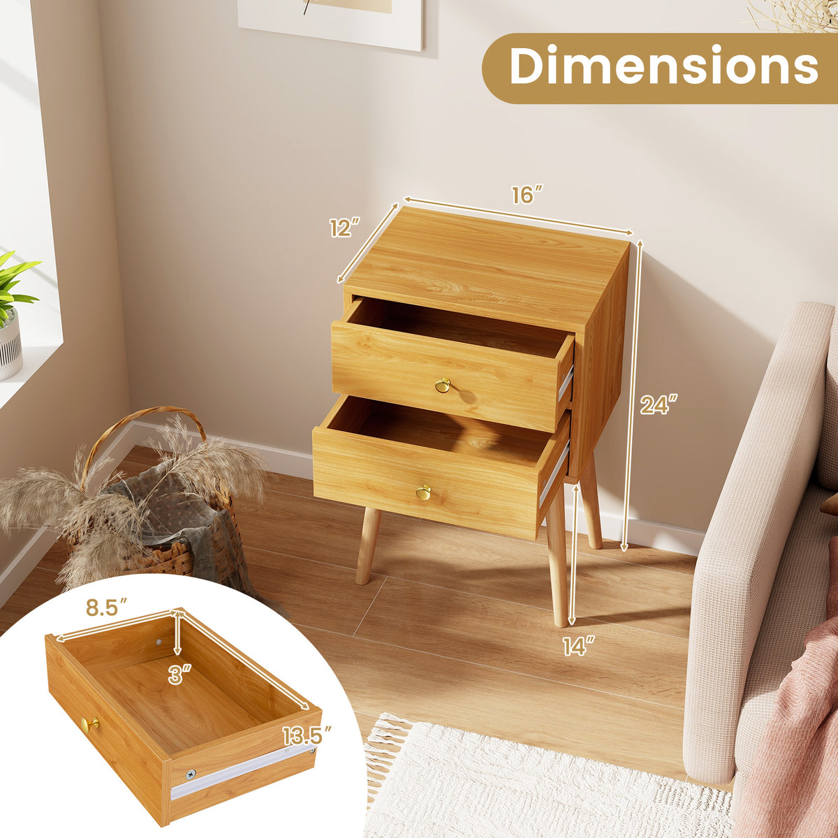 Nightstand Mid-century Modern Bedside Table with 2 Drawers-Natural-Nightstands-DECOROLALA