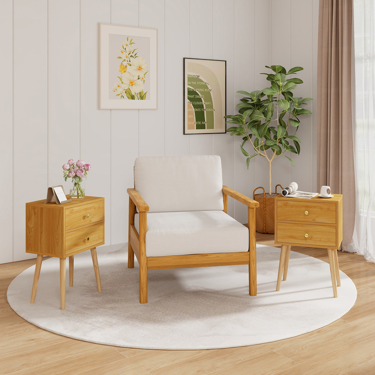 Nightstand Mid-century Modern Bedside Table with 2 Drawers-Natural-Nightstands-DECOROLALA