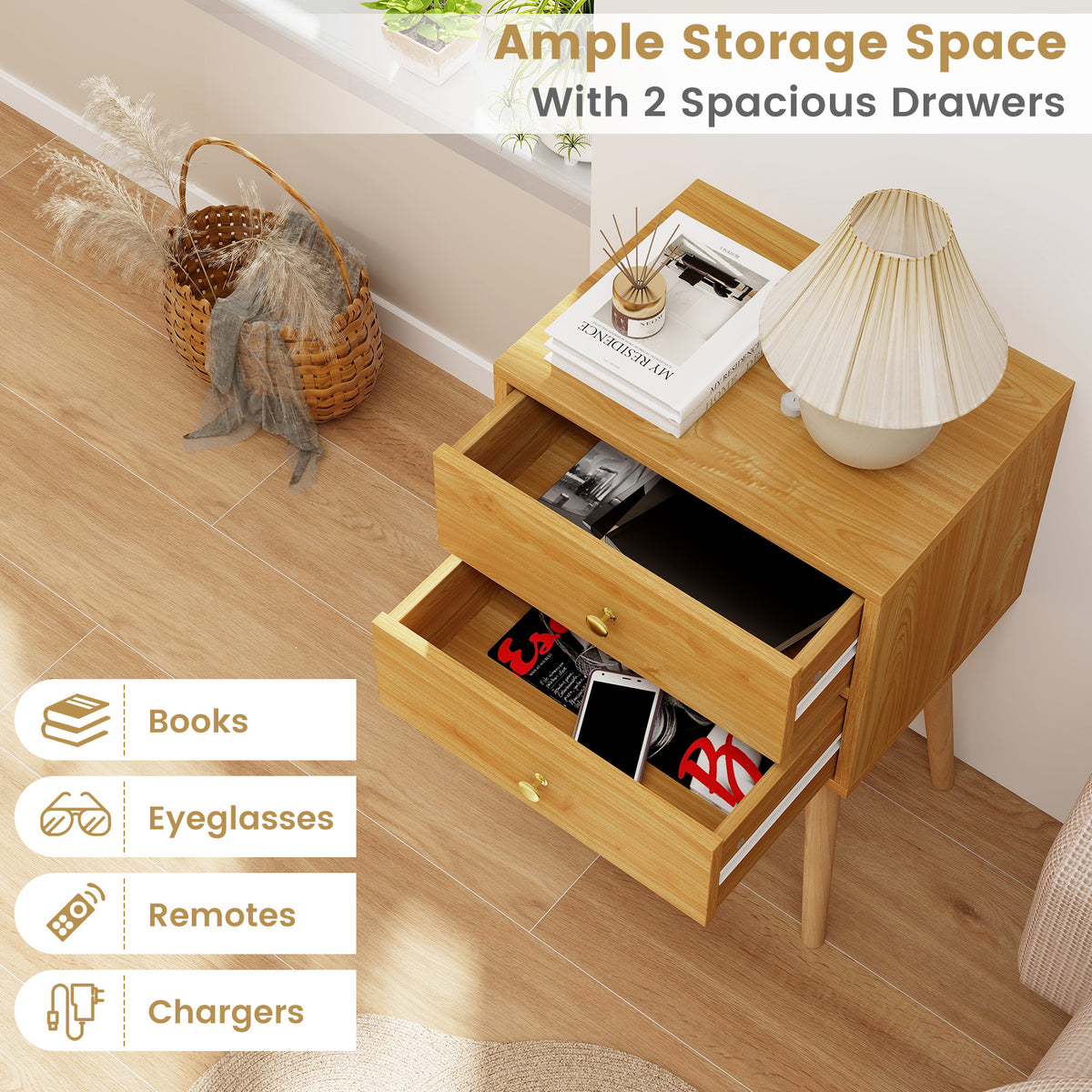 Nightstand Mid-century Modern Bedside Table with 2 Drawers-Natural-Nightstands-DECOROLALA