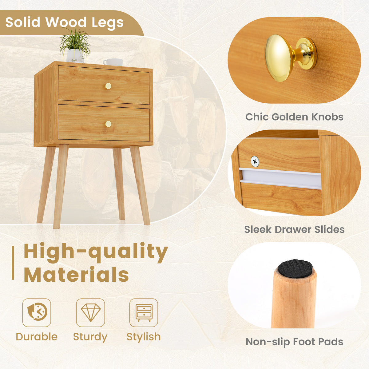 Nightstand Mid-century Modern Bedside Table with 2 Drawers-Natural-Nightstands-DECOROLALA