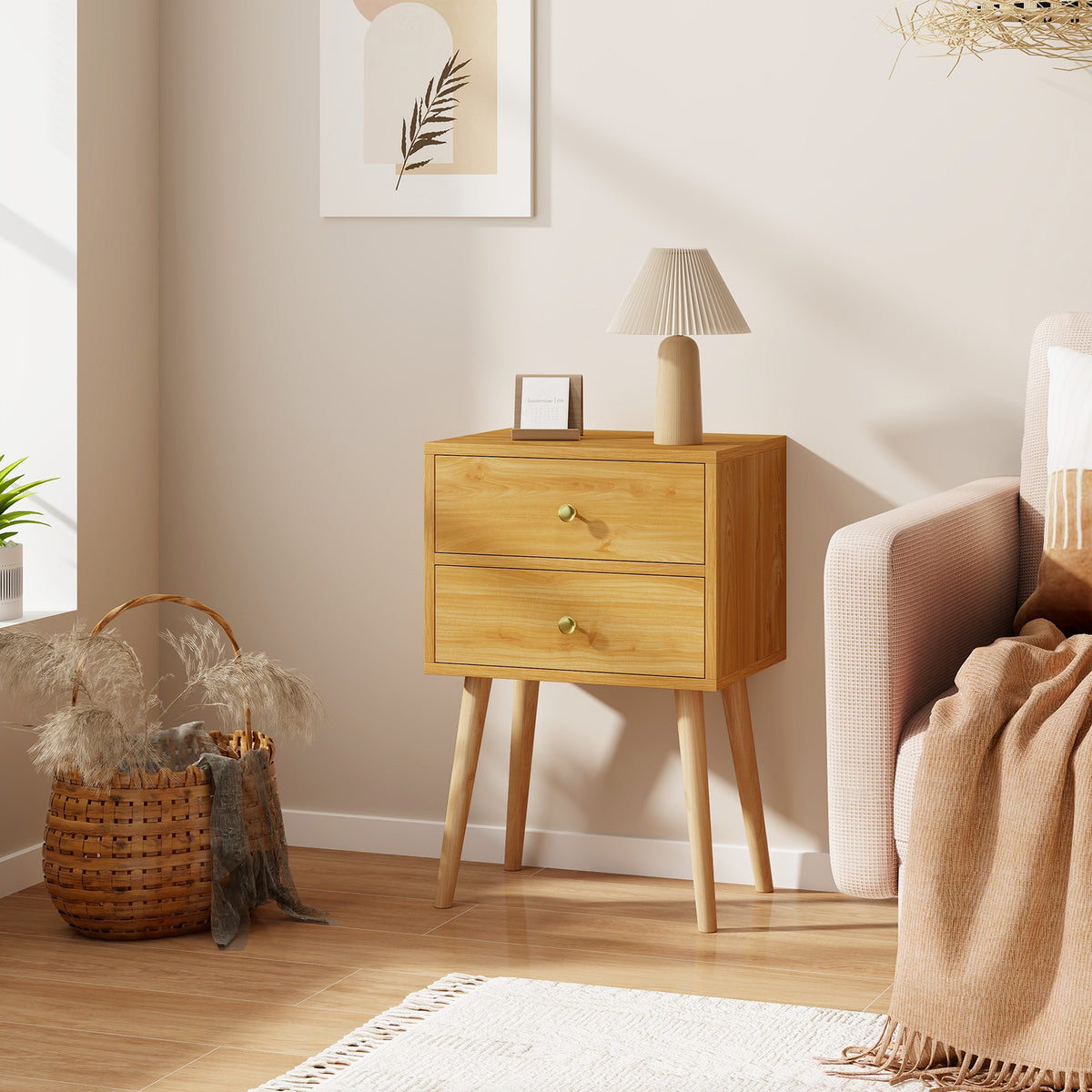 Nightstand Mid-century Modern Bedside Table with 2 Drawers-Natural-Nightstands-DECOROLALA