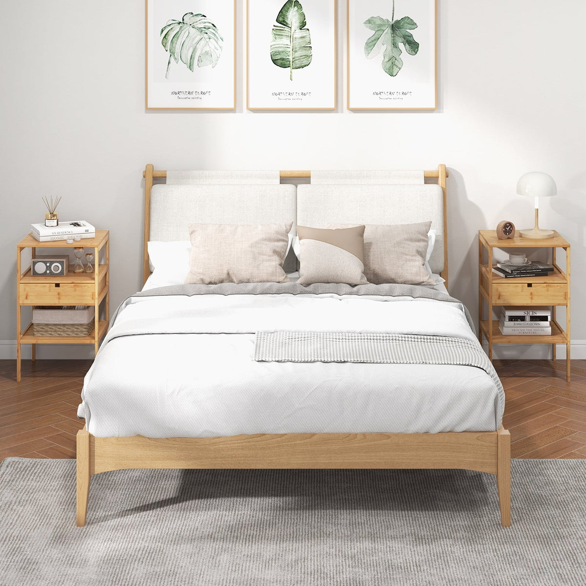 Nightstand Set of 2 Bamboo End Table with 2 Open Shelves and Drawer-Set of 2-Nightstands-DECOROLALA