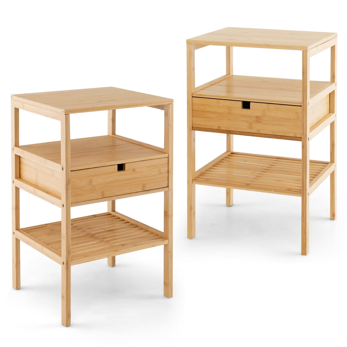 Nightstand Set of 2 Bamboo End Table with 2 Open Shelves and Drawer-Set of 2-Nightstands-DECOROLALA