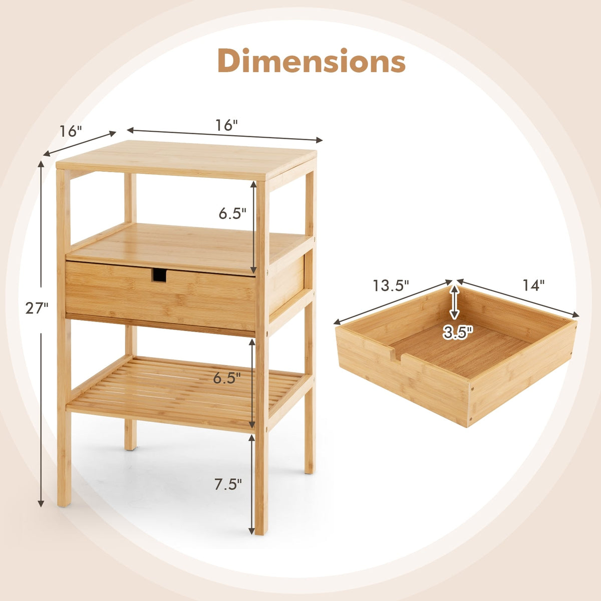 Nightstand Set of 2 Bamboo End Table with 2 Open Shelves and Drawer-Set of 2-Nightstands-DECOROLALA