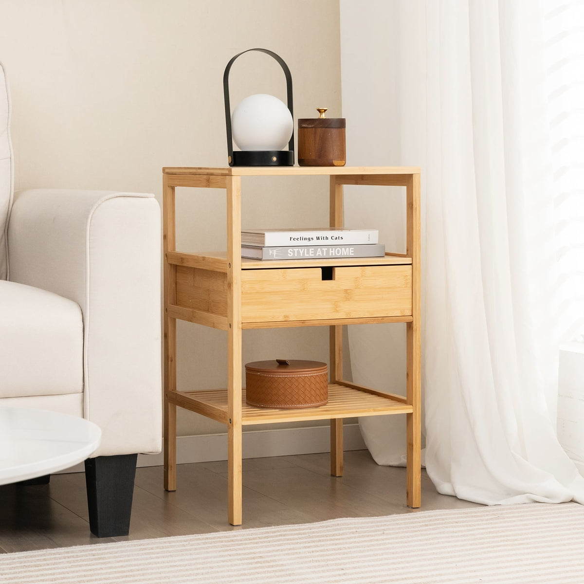 Nightstand Set of 2 Bamboo End Table with 2 Open Shelves and Drawer-Set of 2-Nightstands-DECOROLALA