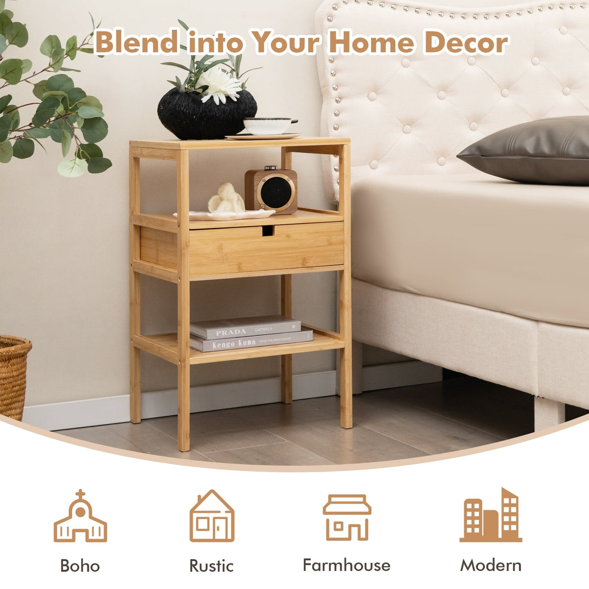 Nightstand Set of 2 Bamboo End Table with 2 Open Shelves and Drawer-Set of 2-Nightstands-DECOROLALA