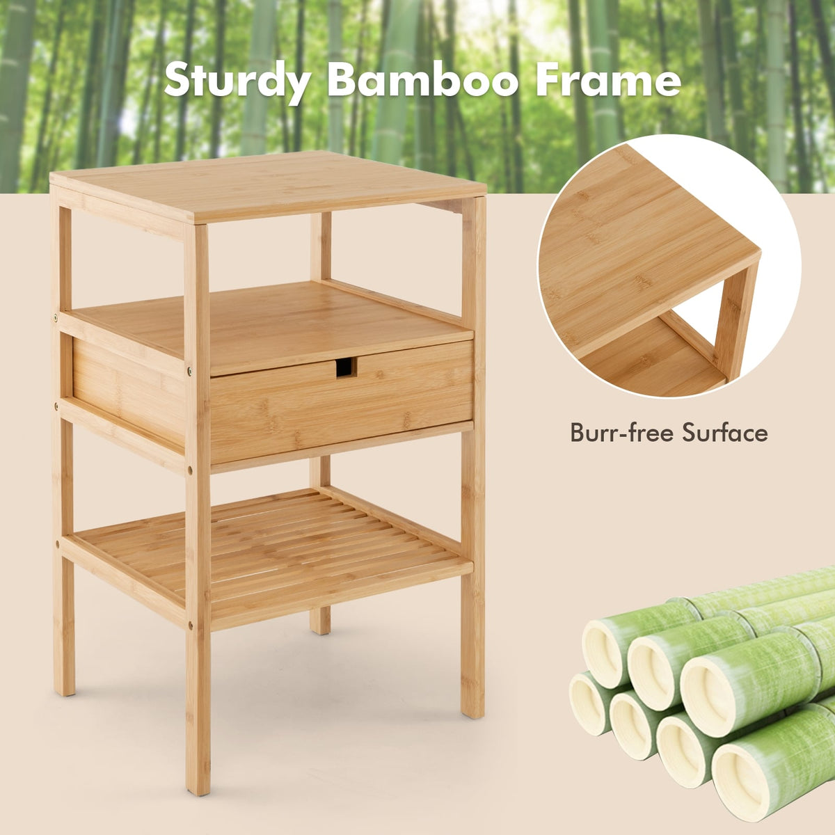 Nightstand Set of 2 Bamboo End Table with 2 Open Shelves and Drawer-Set of 2-Nightstands-DECOROLALA