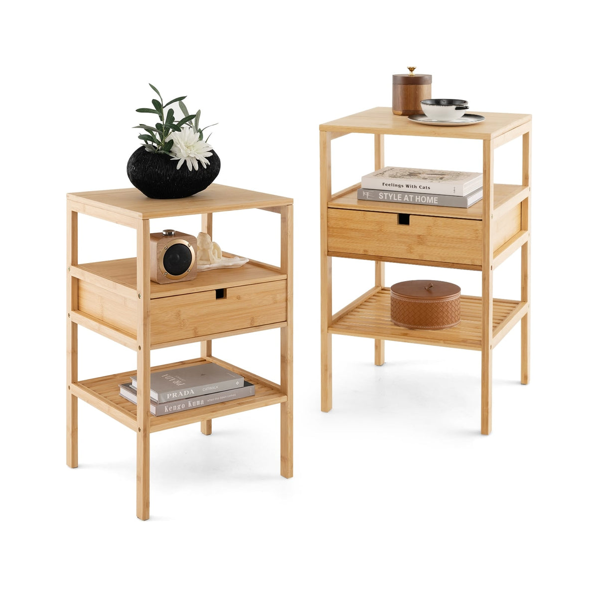 Nightstand Set of 2 Bamboo End Table with 2 Open Shelves and Drawer-Set of 2-Nightstands-DECOROLALA