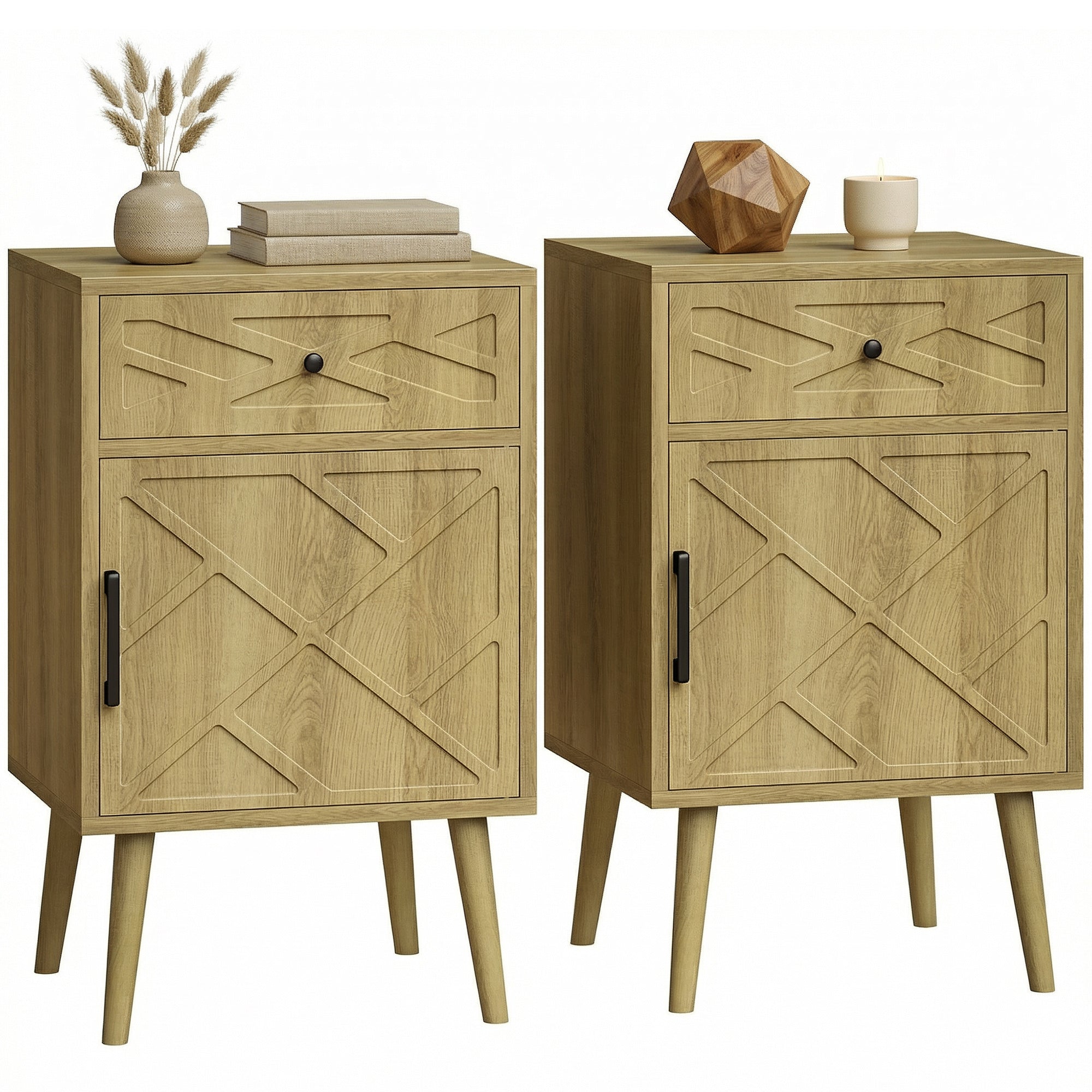 Nightstand Set of 2, Bedside Table Set with Drawer and Cabinet, Side End Table with Storage for Living Room, Oak-Home Furnishings > Living Room Furniture > Side¬†Tables-DECOROLALA
