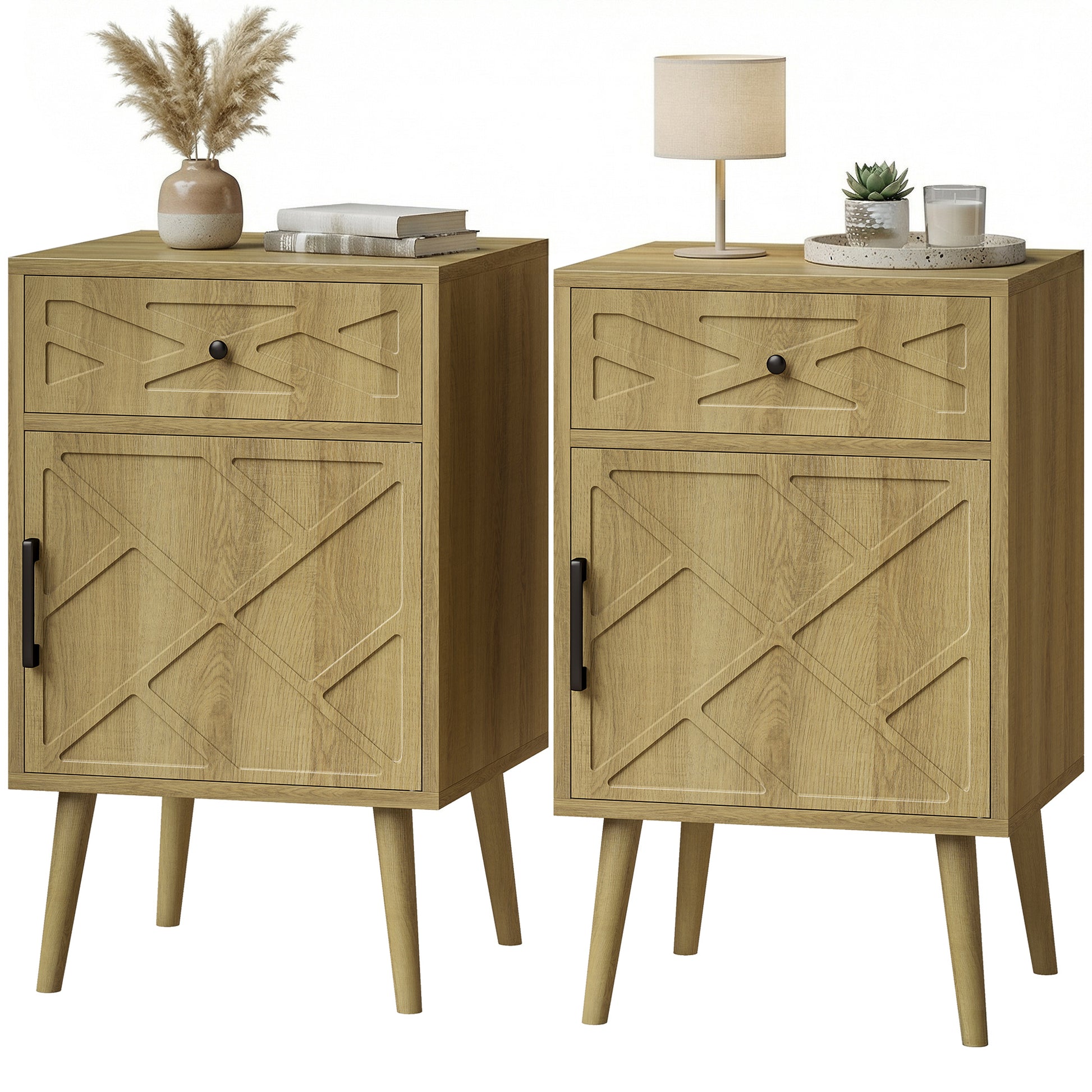 Nightstand Set of 2, Bedside Table Set with Drawer and Cabinet, Side End Table with Storage for Living Room, Oak-Home Furnishings > Living Room Furniture > Side¬†Tables-DECOROLALA
