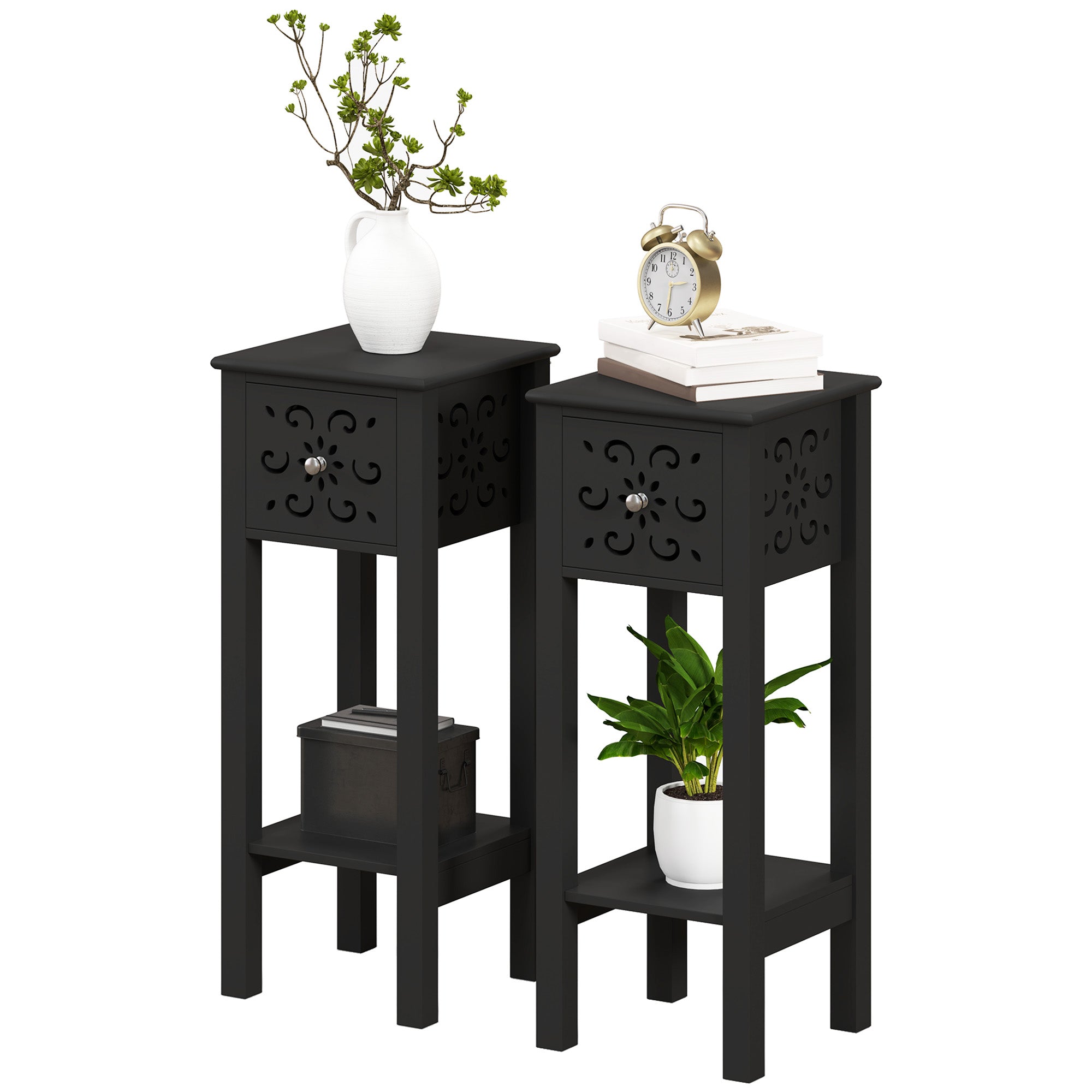 Nightstand Set of 2 - Black MDF Side Tables with Drawer-Home Furnishings > Living Room Furniture > Side¬†Tables-DECOROLALA