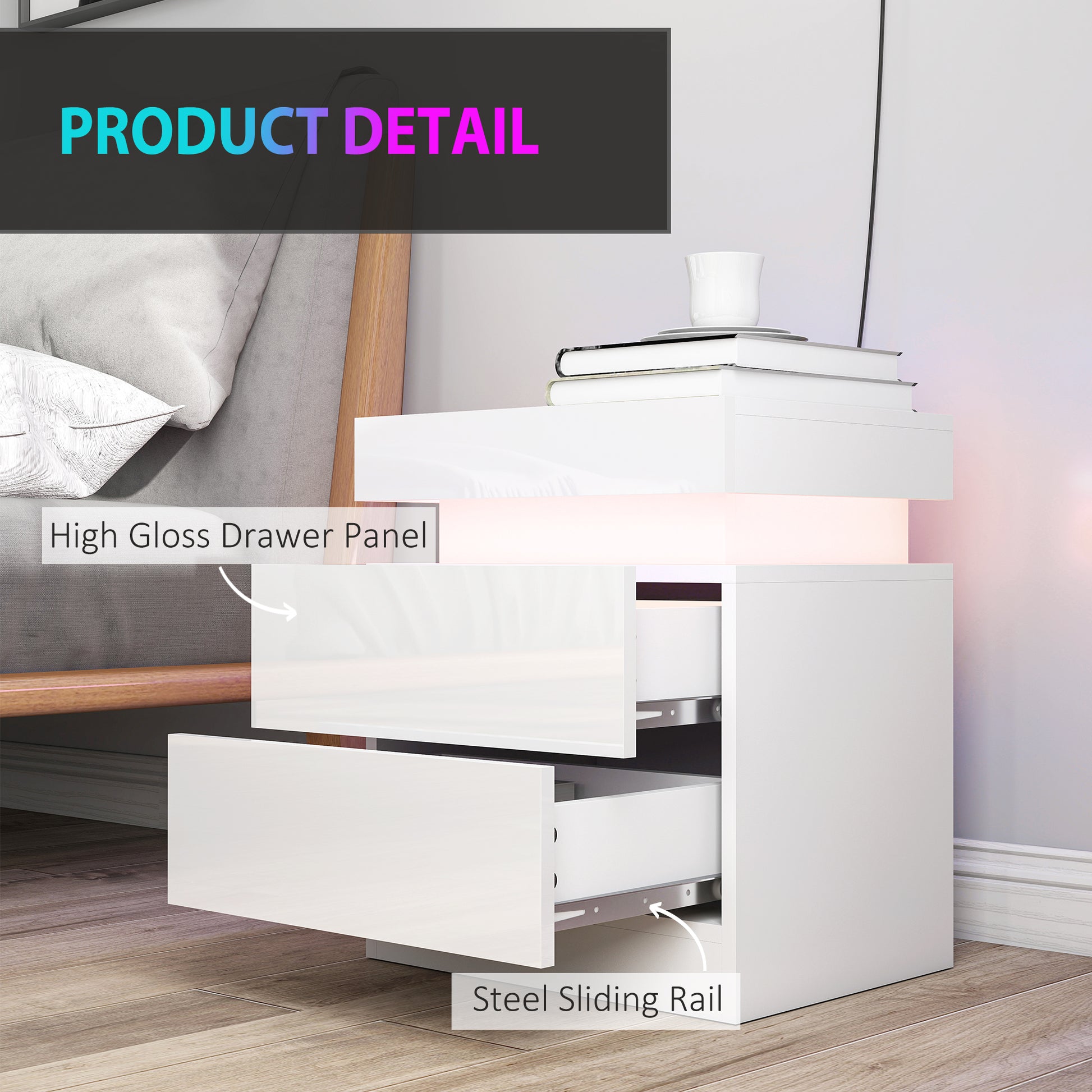 Nightstand Set of 2, End Side Tables with LED Lights, Bedside Tables with 2 Drawers, for Bedroom, White-Home Furnishings > Bedroom Furniture > Bedside Tables-DECOROLALA