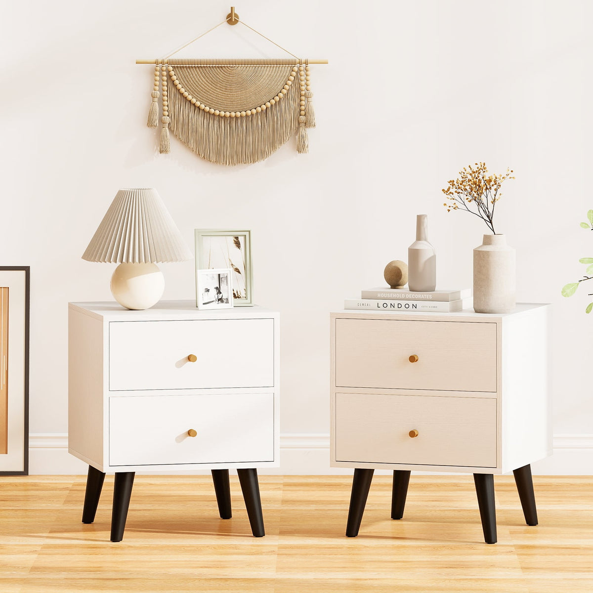 Nightstand Set of 2 Mid Century Modern Bedside Table with Golden Knobs and Raised Support Legs-Nightstands-DECOROLALA