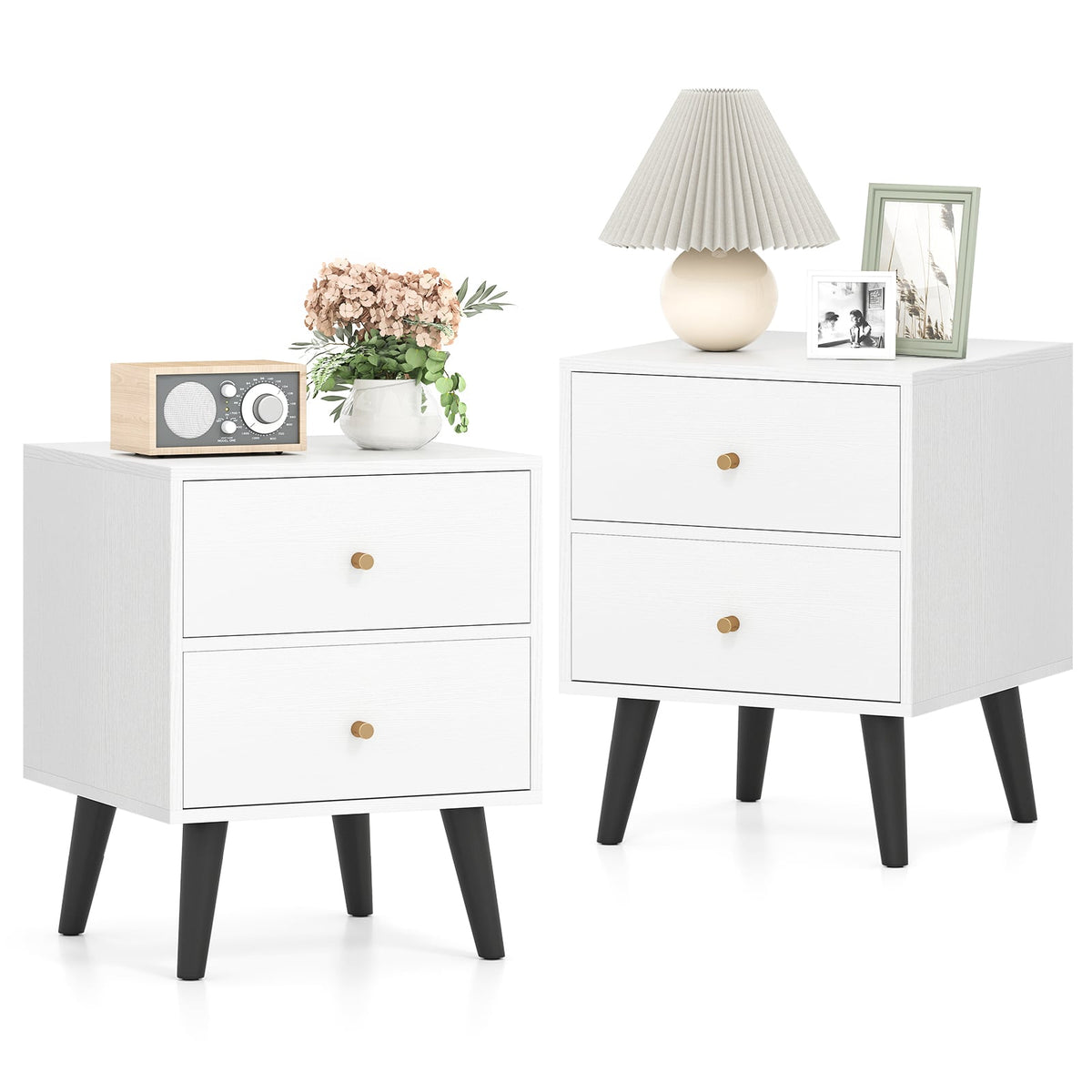 Nightstand Set of 2 Mid Century Modern Bedside Table with Golden Knobs and Raised Support Legs-Nightstands-DECOROLALA