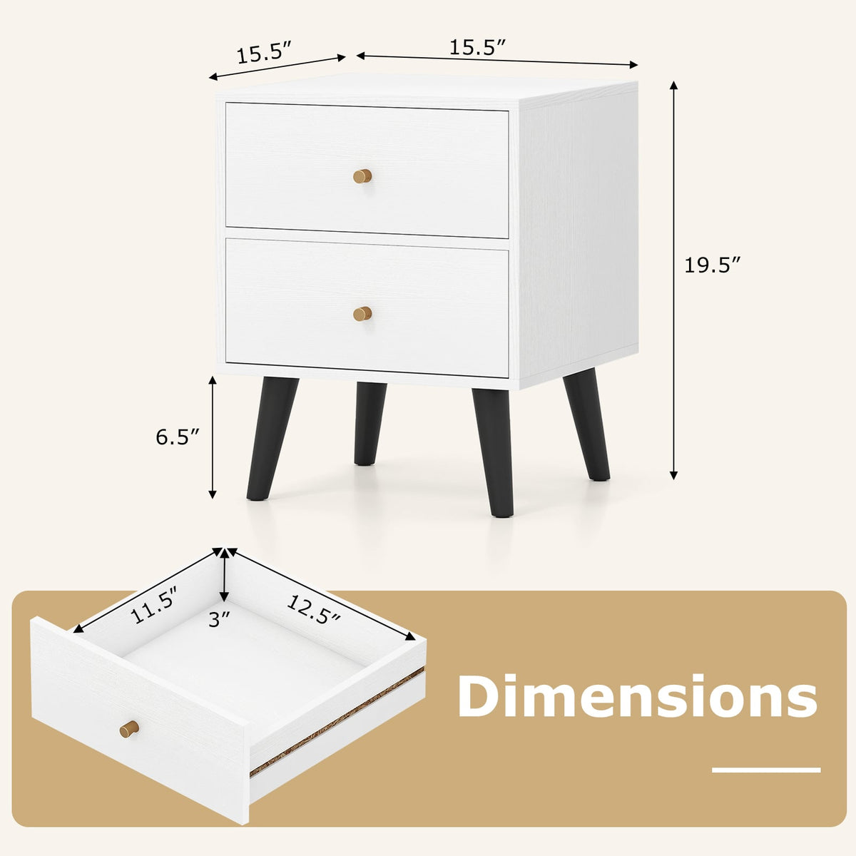 Nightstand Set of 2 Mid Century Modern Bedside Table with Golden Knobs and Raised Support Legs-Nightstands-DECOROLALA