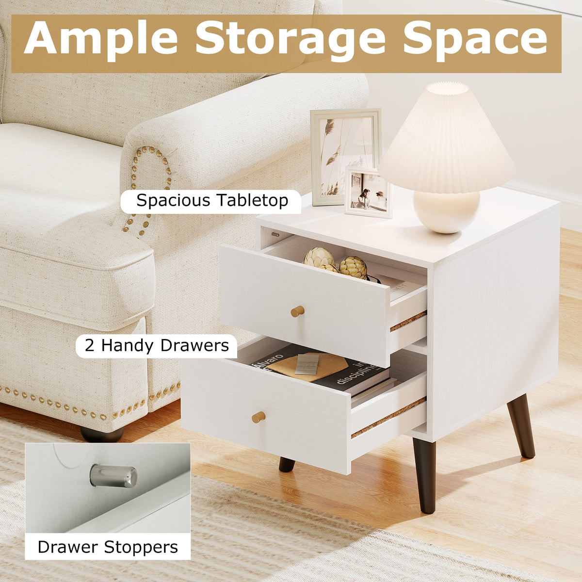 Nightstand Set of 2 Mid Century Modern Bedside Table with Golden Knobs and Raised Support Legs-Nightstands-DECOROLALA