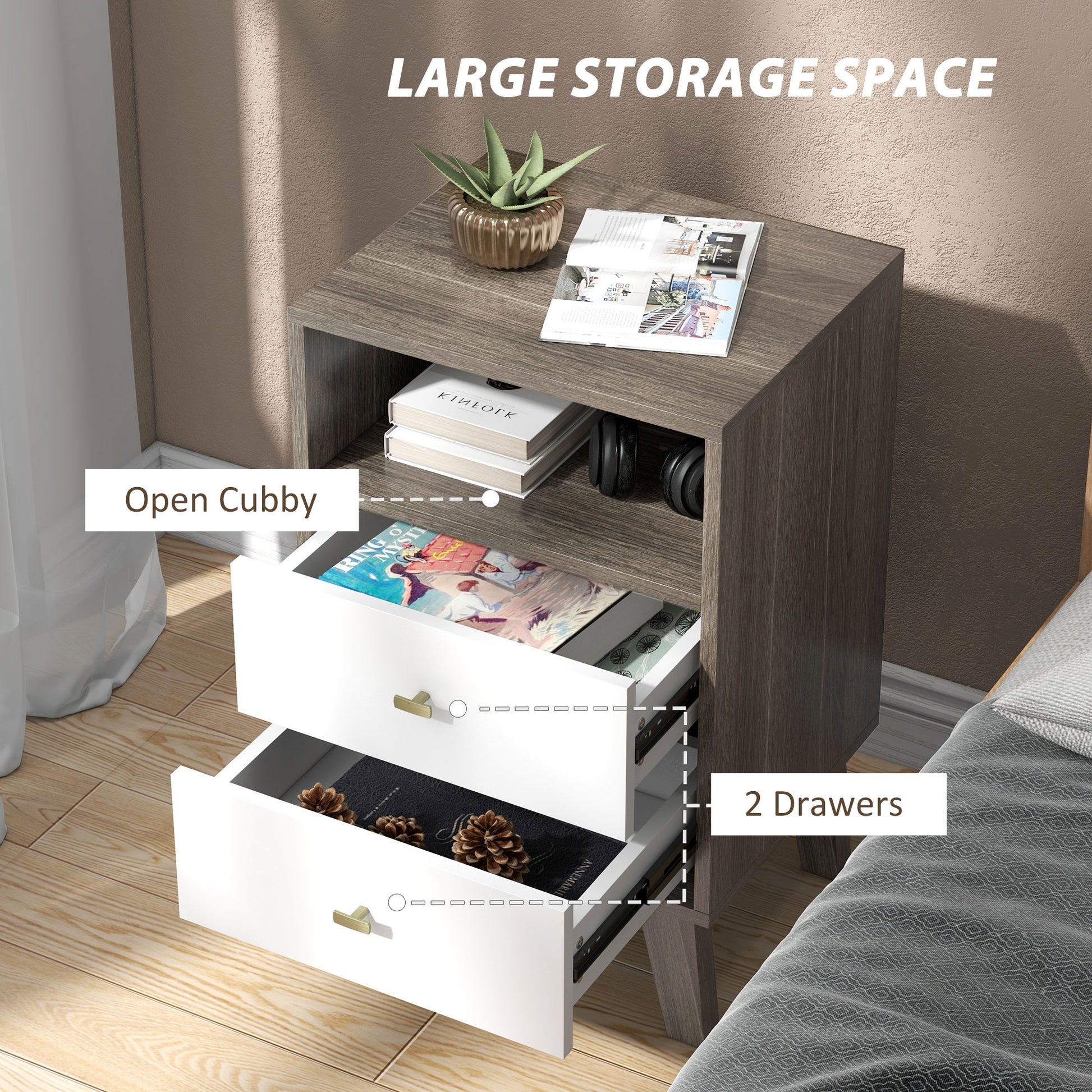 Nightstand Set of 2, Modern Bedside Table, Night Stand for Living Room with 2 Drawers and Open Storage, Grey-Home Furnishings > Bedroom Furniture > Bedside Tables-DECOROLALA