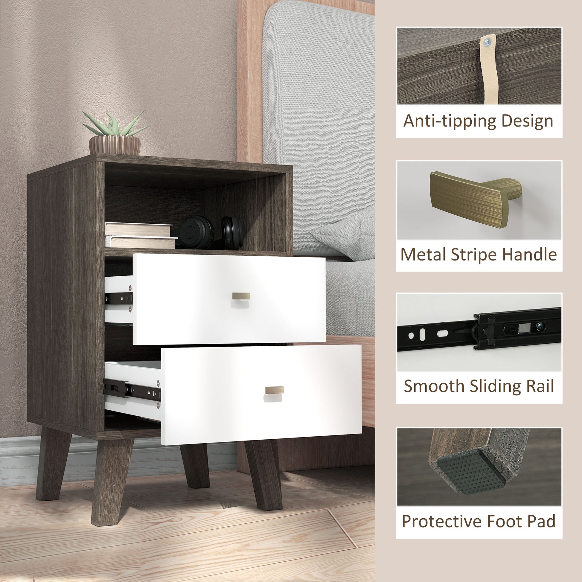 Nightstand Set of 2, Modern Bedside Table, Night Stand for Living Room with 2 Drawers and Open Storage, Grey-Home Furnishings > Bedroom Furniture > Bedside Tables-DECOROLALA