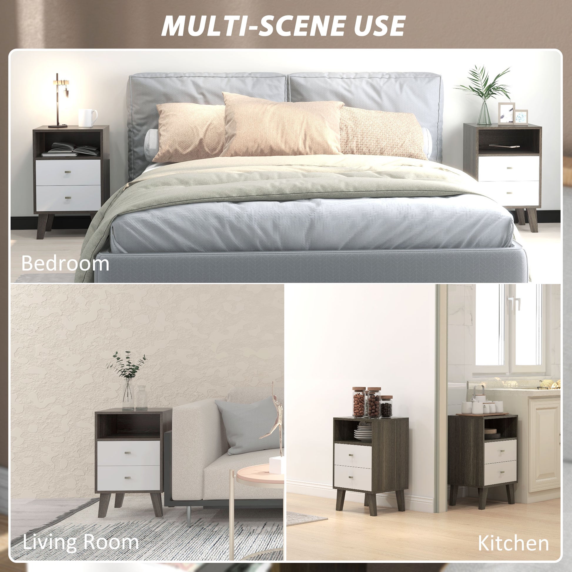Nightstand Set of 2, Modern Bedside Table, Night Stand for Living Room with 2 Drawers and Open Storage, Grey-Home Furnishings > Bedroom Furniture > Bedside Tables-DECOROLALA