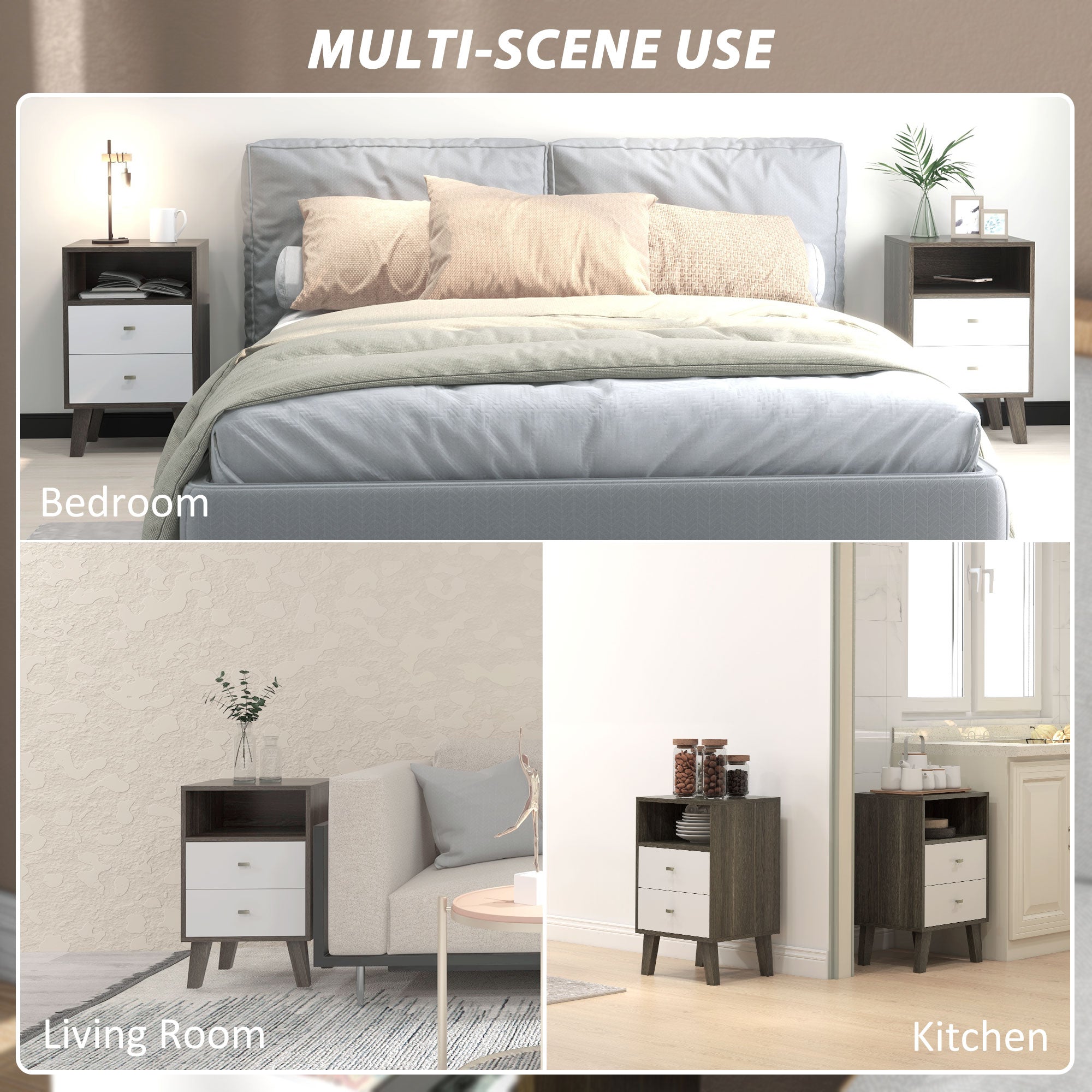 Nightstand Set of 2, Modern Bedside Table, Night Stand for Living Room with 2 Drawers and Open Storage, Grey-Home Furnishings > Bedroom Furniture > Bedside Tables-DECOROLALA