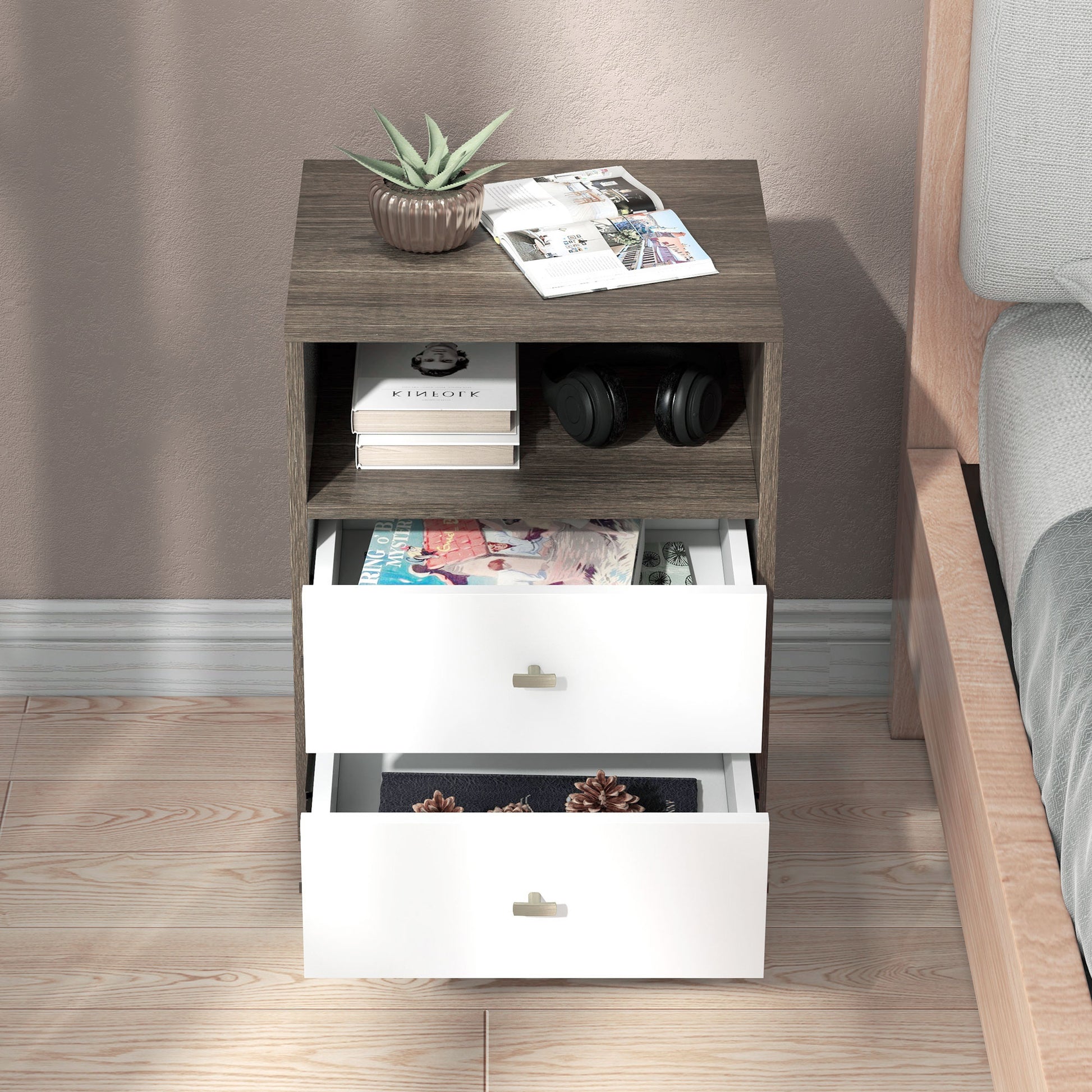 Nightstand Set of 2, Modern Bedside Table, Night Stand for Living Room with 2 Drawers and Open Storage, Grey-Home Furnishings > Bedroom Furniture > Bedside Tables-DECOROLALA