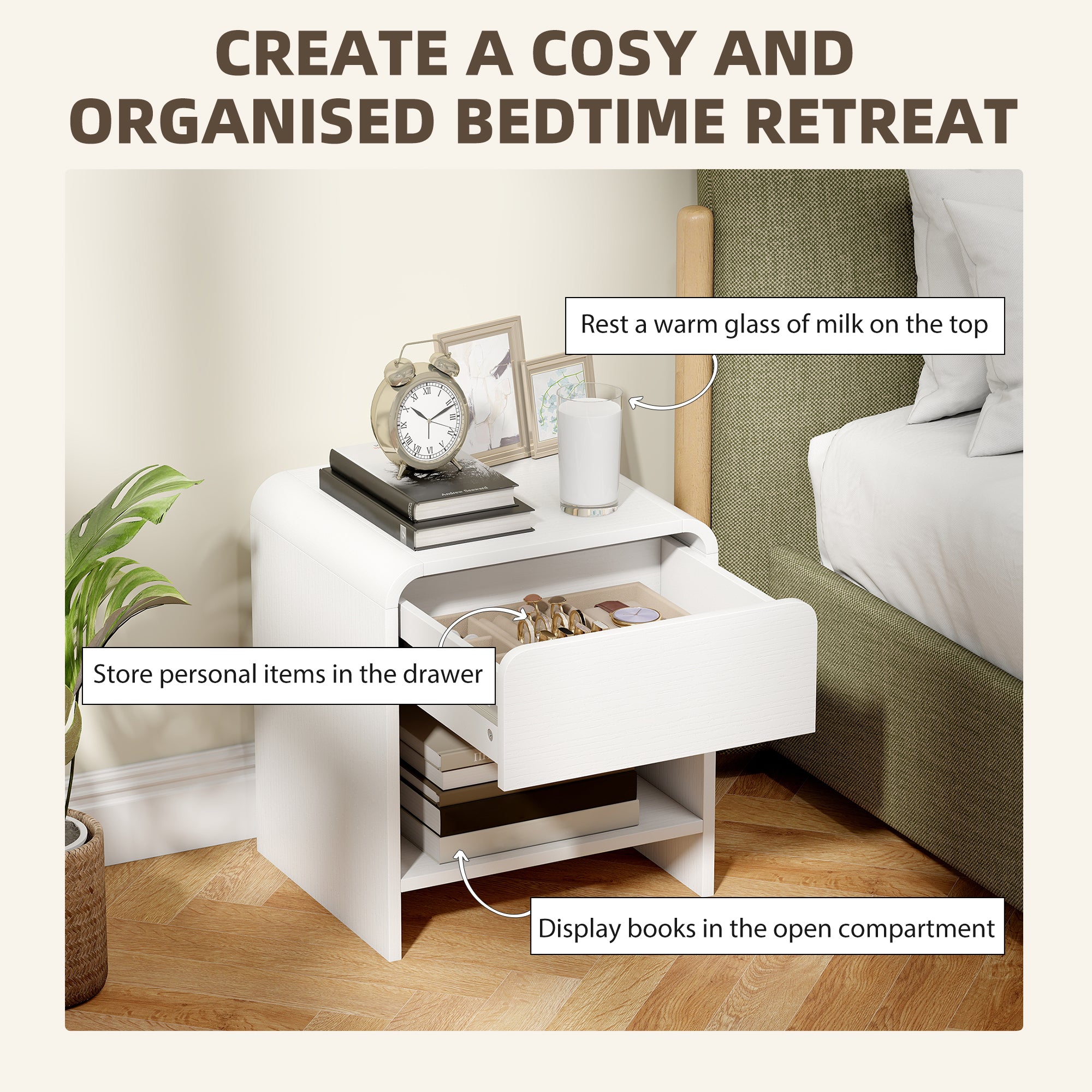Nightstand Set of 2, Modern Bedside Table with Rounded Corners, Nightstand with Drawer and Open Shelf, Distressed White-Home Furnishings > Bedroom Furniture > Bedside Tables-DECOROLALA