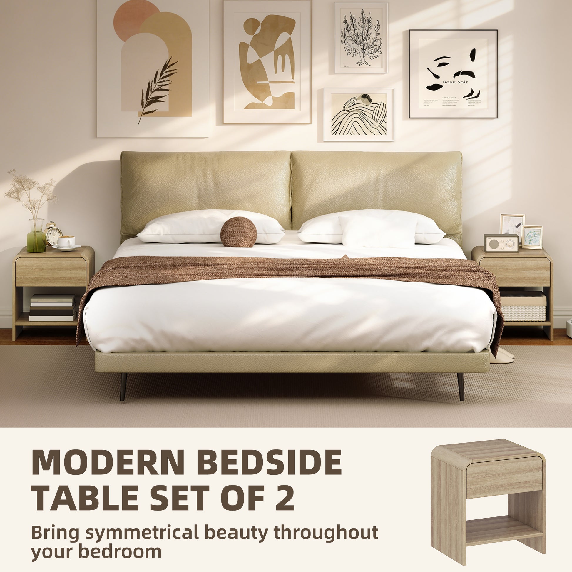 Nightstand Set of 2, Modern Bedside Table with Rounded Corners, Nightstand with Drawer and Open Shelf, Natural Wood-Home Furnishings > Bedroom Furniture > Bedside Tables-DECOROLALA