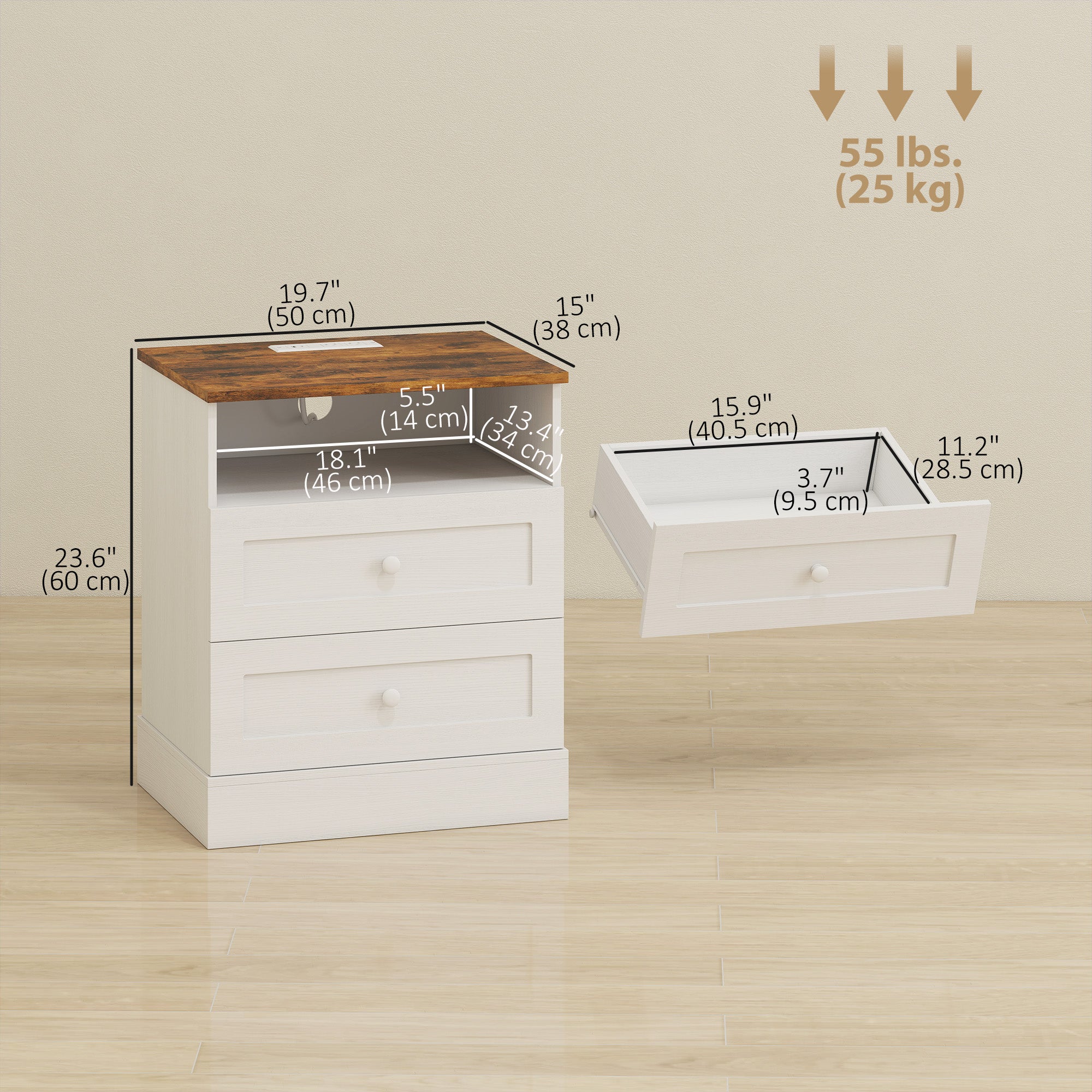 Nightstand Set of 2 with Charging Station - White and Oak-Home Furnishings > Bedroom Furniture > Bedside Tables-DECOROLALA