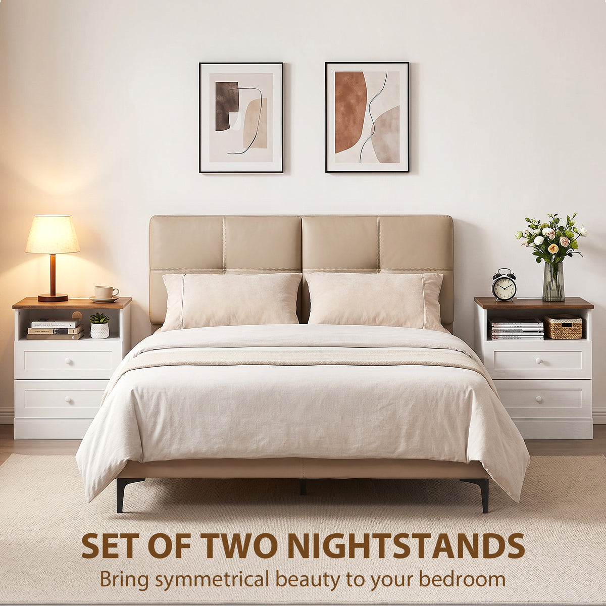 Nightstand Set of 2 with Charging Station - White and Oak-Home Furnishings > Bedroom Furniture > Bedside Tables-DECOROLALA