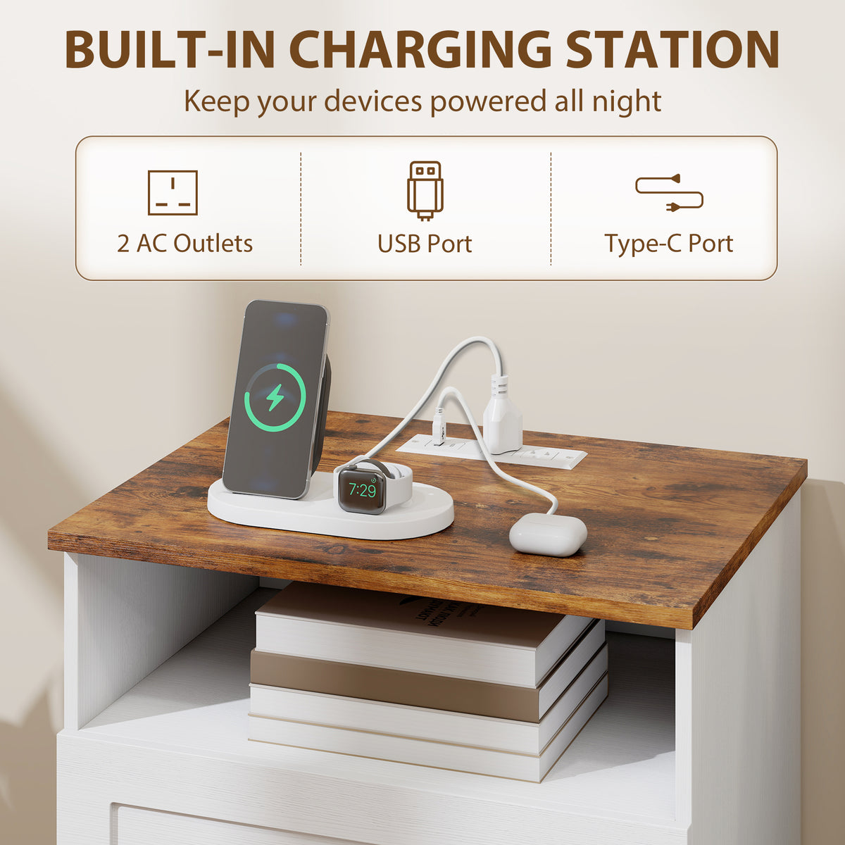 Nightstand Set of 2 with Charging Station - White and Oak-Home Furnishings > Bedroom Furniture > Bedside Tables-DECOROLALA