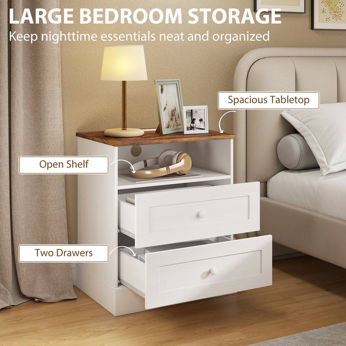 Nightstand Set of 2 with Charging Station - White and Oak-Home Furnishings > Bedroom Furniture > Bedside Tables-DECOROLALA