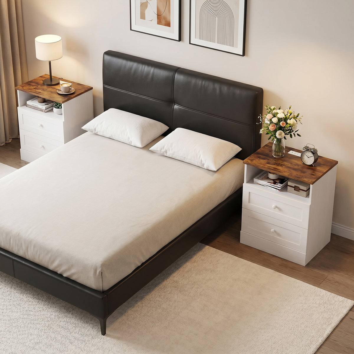 Nightstand Set of 2 with Charging Station - White and Oak-Home Furnishings > Bedroom Furniture > Bedside Tables-DECOROLALA
