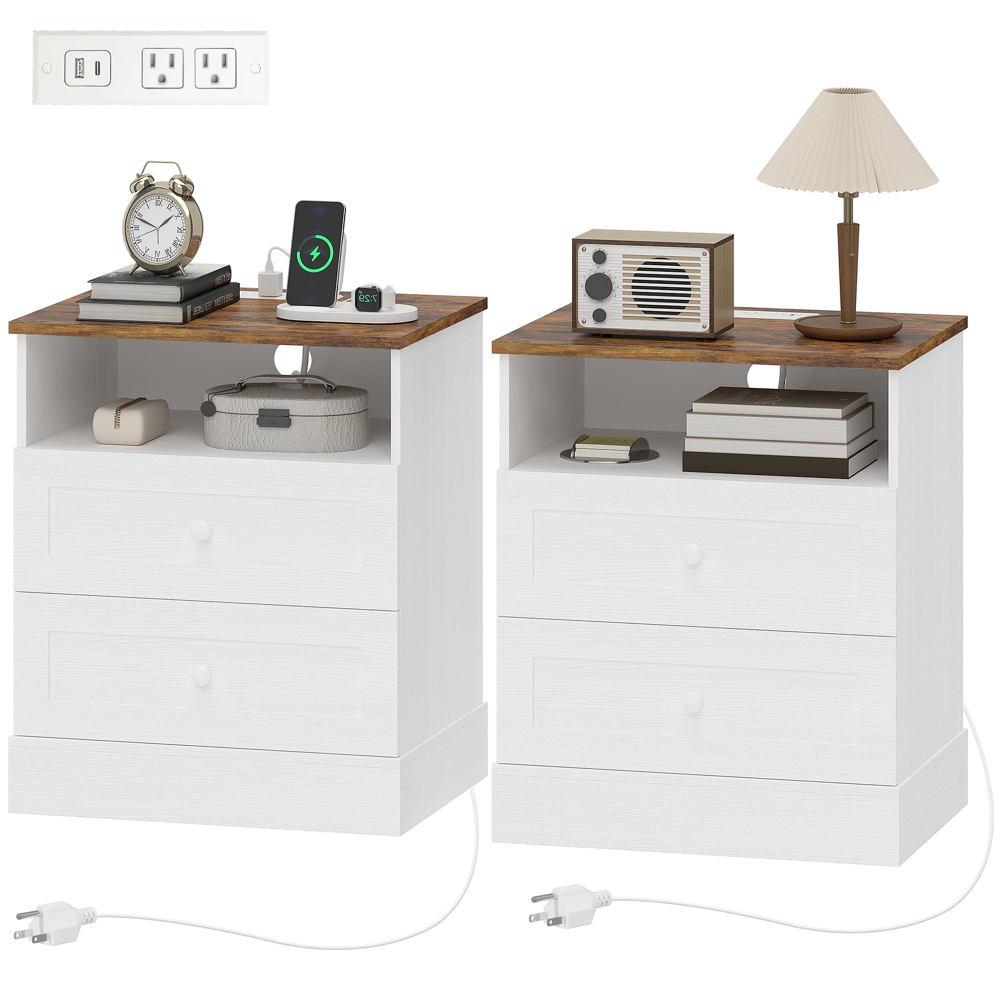 Nightstand Set of 2 with Charging Station - White and Oak-Home Furnishings > Bedroom Furniture > Bedside Tables-DECOROLALA