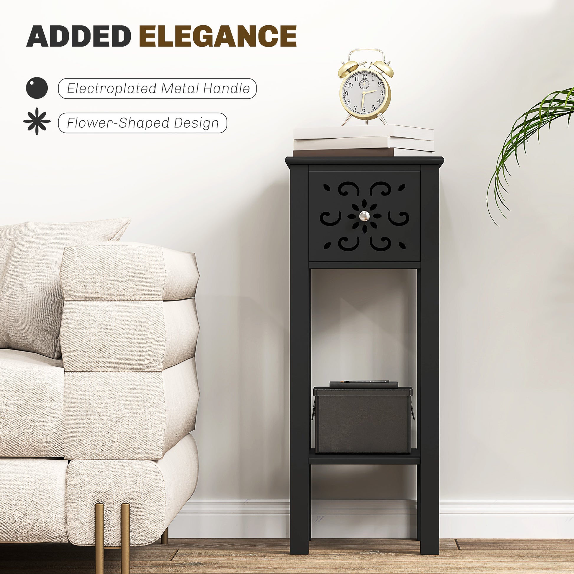 Nightstand Set of 2 with Drawer and Open Storage Shelf Black-Home Furnishings > Living Room Furniture > Side¬†Tables-DECOROLALA
