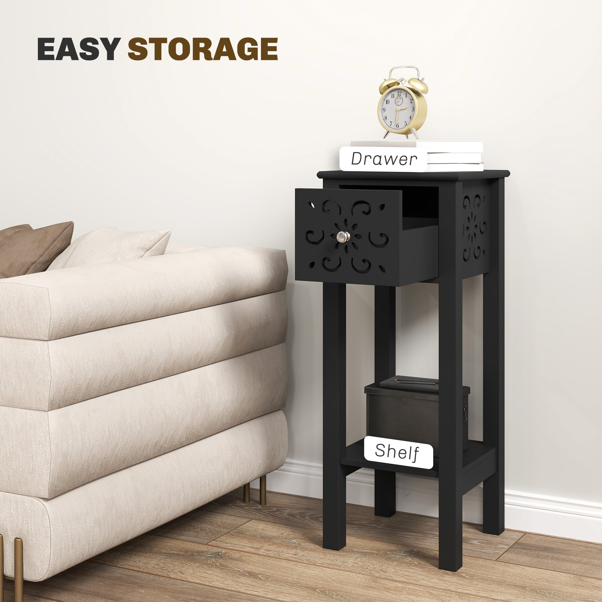 Nightstand Set of 2 with Drawer and Open Storage Shelf Black-Home Furnishings > Living Room Furniture > Side¬†Tables-DECOROLALA