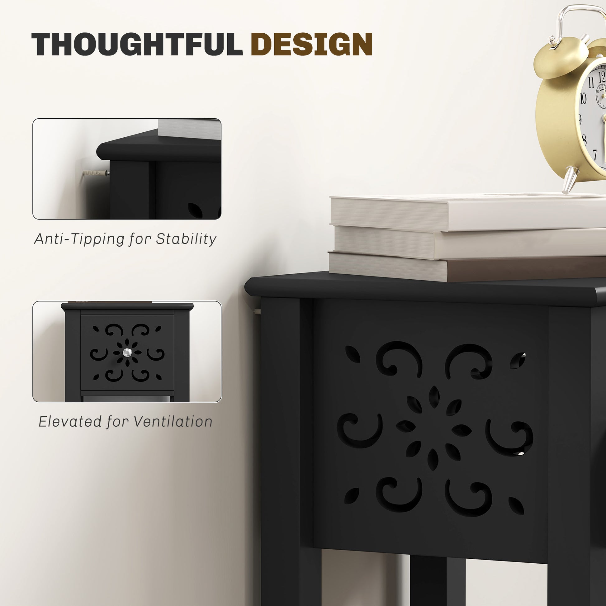 Nightstand Set of 2 with Drawer and Open Storage Shelf Black-Home Furnishings > Living Room Furniture > Side¬†Tables-DECOROLALA