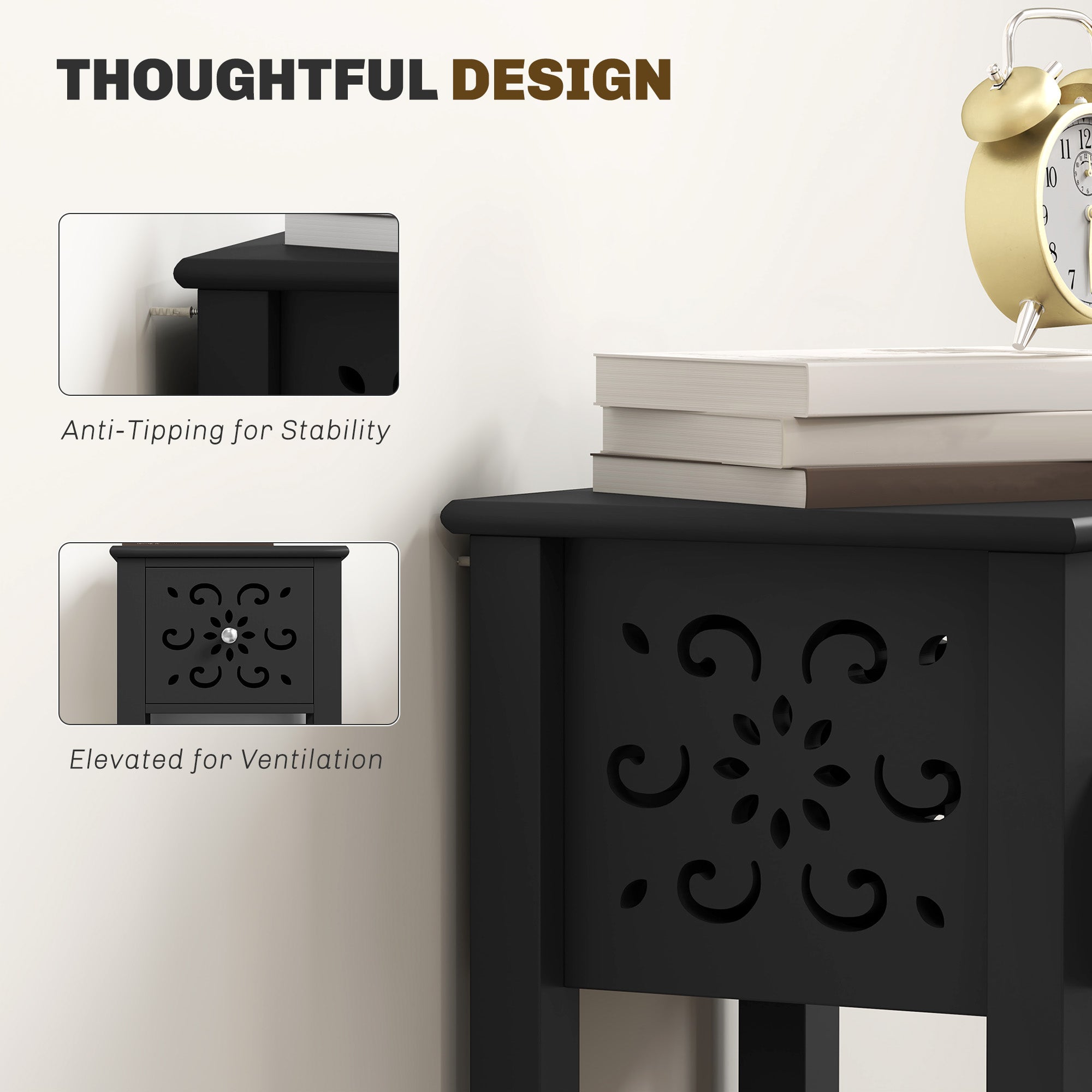 Nightstand Set of 2 with Drawer and Open Storage Shelf Black-Home Furnishings > Living Room Furniture > Side¬†Tables-DECOROLALA